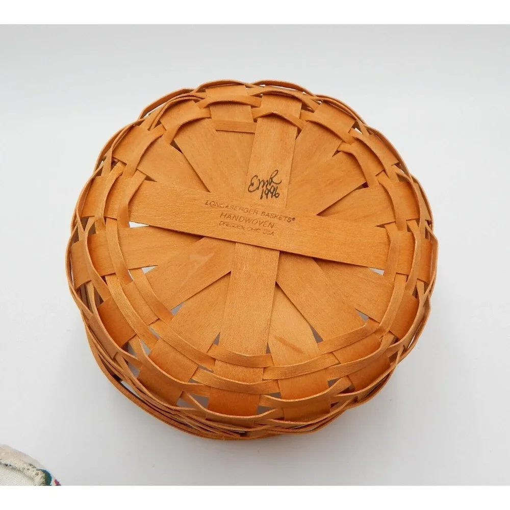 Longerberger 1996 Round Basket Leather Handles Fabric Liner and Warming Brick
